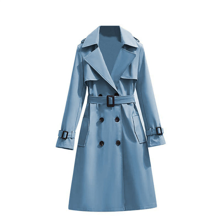 Dames Klassieke Halflange Trenchcoat Met Verstelbare Tailleband in Blauw