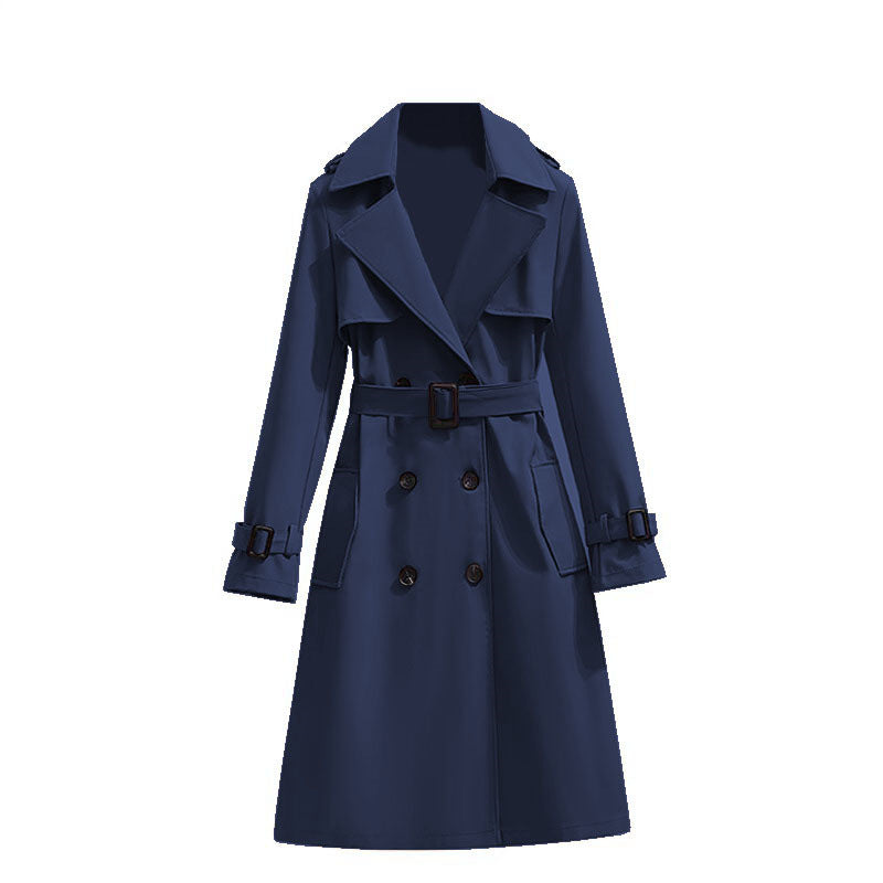 Dames Klassieke Halflange Trenchcoat Met Verstelbare Tailleband in Donkerblauw