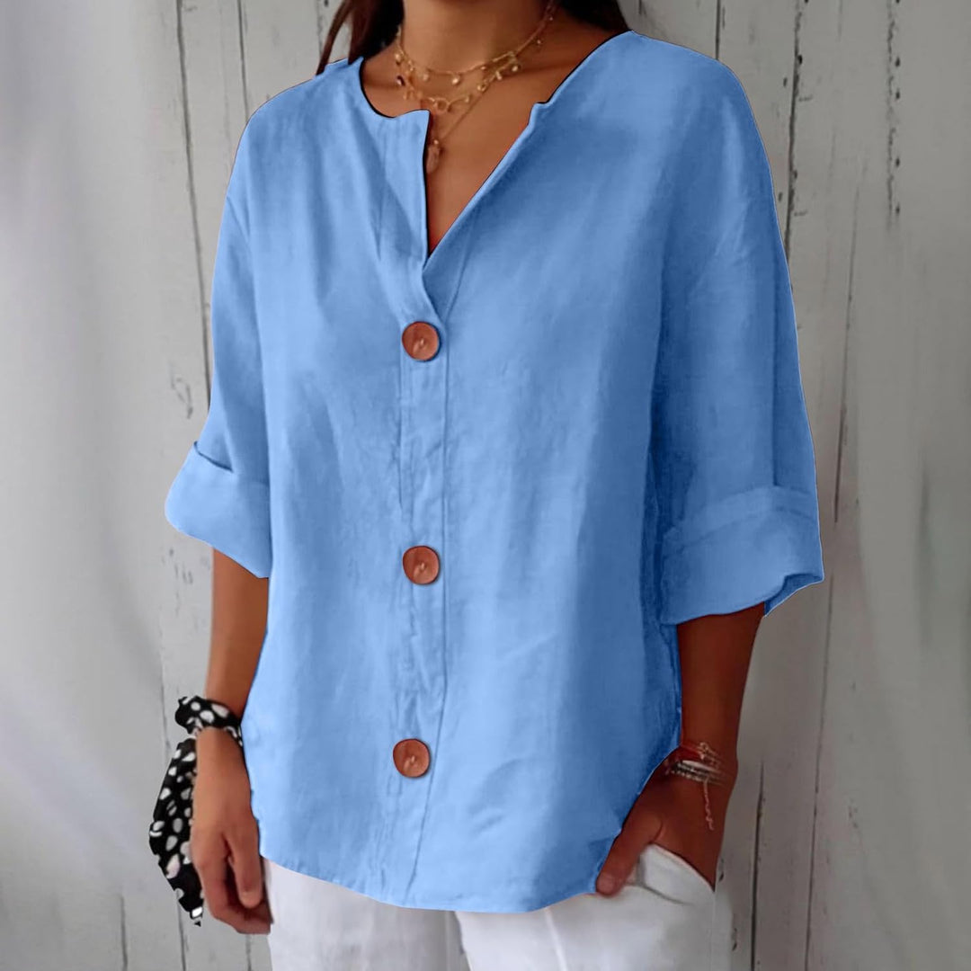 Dames Losse Blouse Met V-Hals En Oprolbare Driekwartmouwen in Lichtblauw