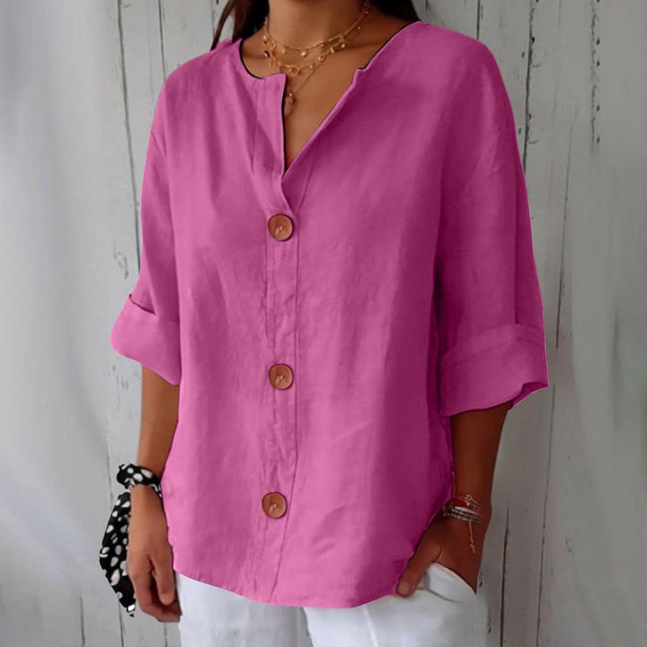 Dames Losse Blouse Met V-Hals En Oprolbare Driekwartmouwen in Fuchsia
