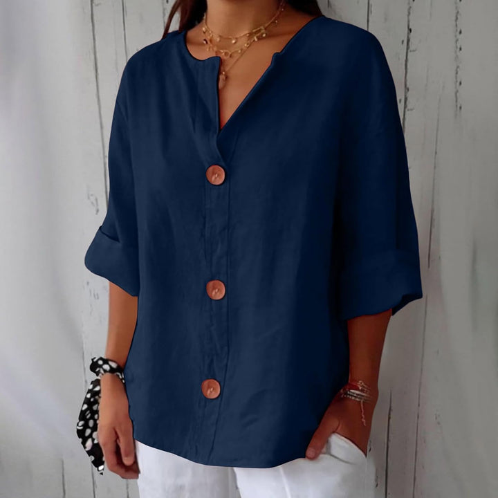 Dames Losse Blouse Met V-Hals En Oprolbare Driekwartmouwen in Donkerblauw