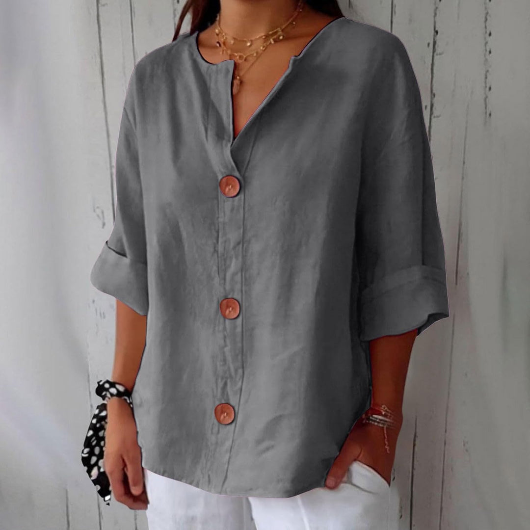 Dames Losse Blouse Met V-Hals En Oprolbare Driekwartmouwen in Grijs
