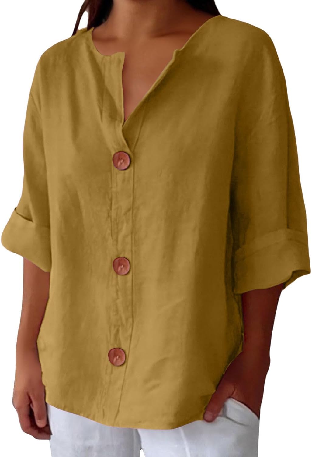Dames Losse Blouse Met V-Hals En Oprolbare Driekwartmouwen in Geel