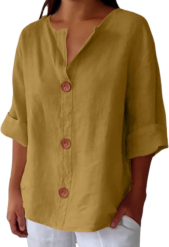Dames Losse Blouse Met V-Hals En Oprolbare Driekwartmouwen in Geel