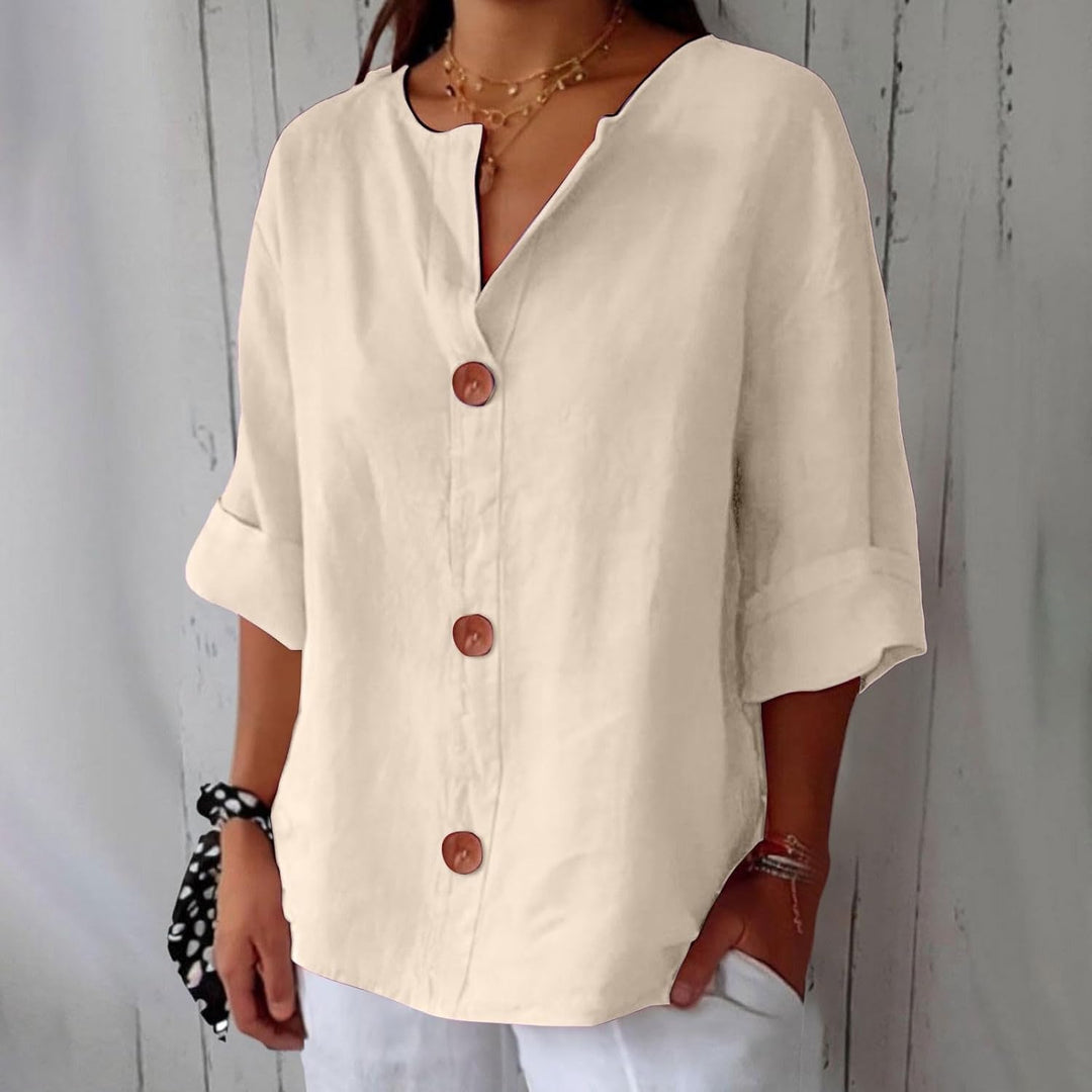 Dames Losse Blouse Met V-Hals En Oprolbare Driekwartmouwen in Beige