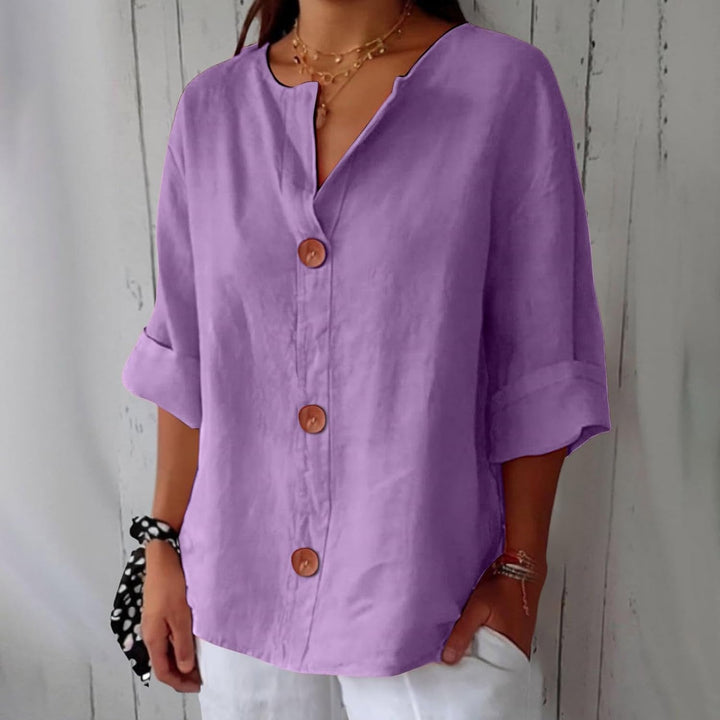 Dames Losse Blouse Met V-Hals En Oprolbare Driekwartmouwen in Lila
