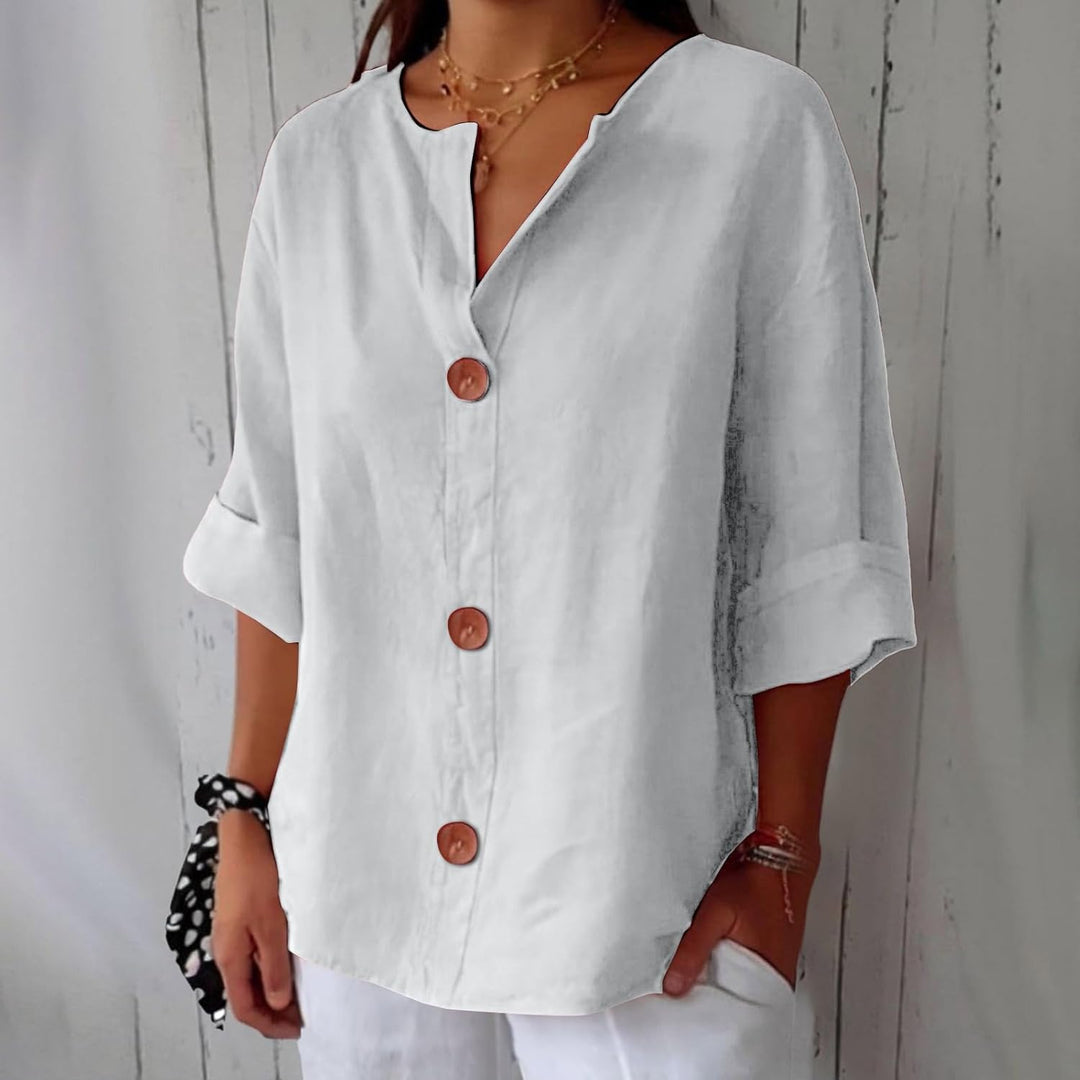 Dames Losse Blouse Met V-Hals En Oprolbare Driekwartmouwen in Wit