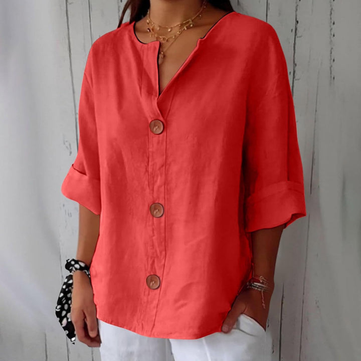 Dames Losse Blouse Met V-Hals En Oprolbare Driekwartmouwen in Rood