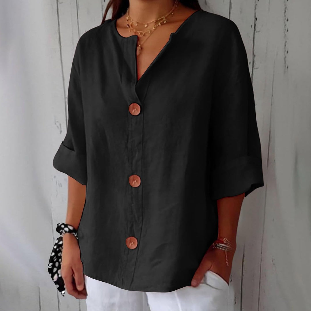 Dames Losse Blouse Met V-Hals En Oprolbare Driekwartmouwen in Zwart