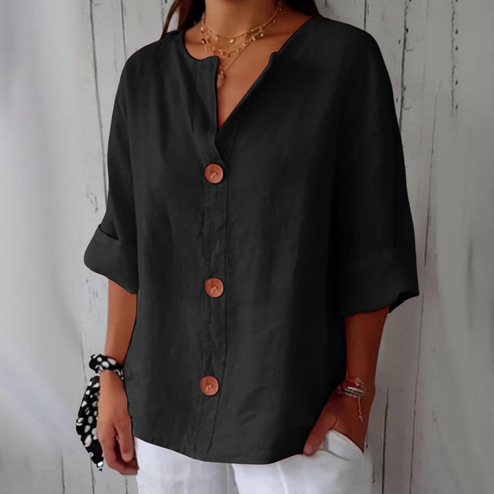 Dames Losse Blouse Met V-Hals En Oprolbare Driekwartmouwen in Zwart