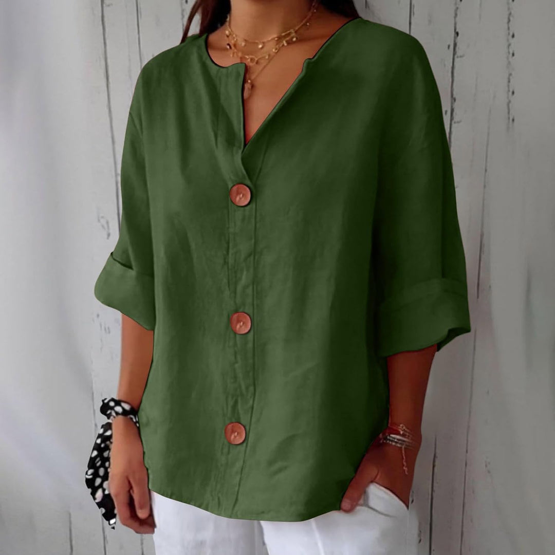 Dames Losse Blouse Met V-Hals En Oprolbare Driekwartmouwen in Olijfgroen