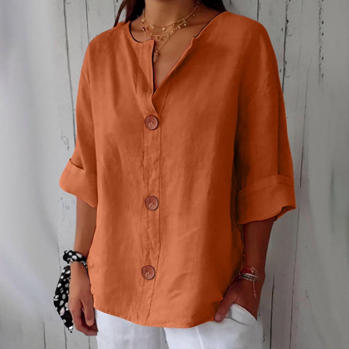 Dames Losse Blouse Met V-Hals En Oprolbare Driekwartmouwen in Oranje