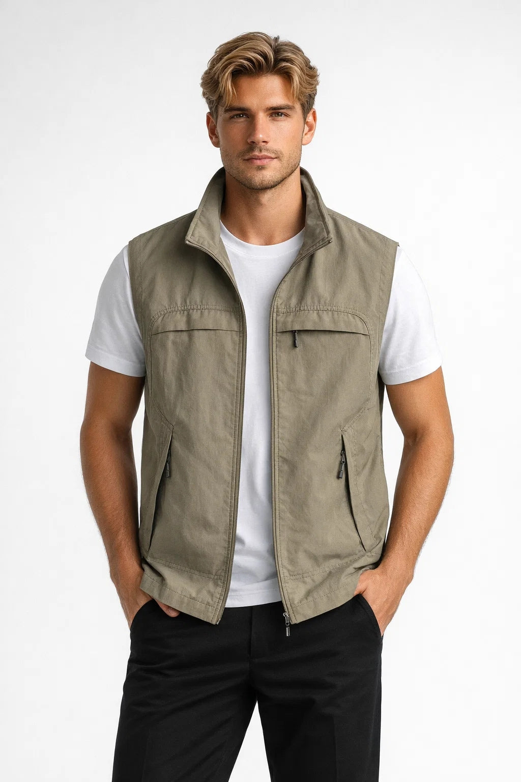Heren Mouwloze Bodywarmer Met Opstaande Kraag En Ritszakken in Khaki