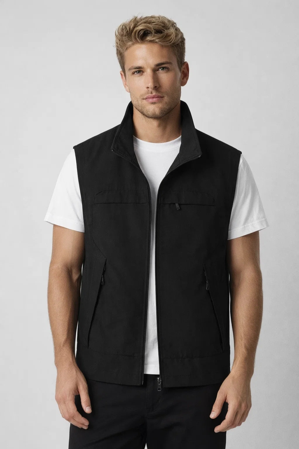 Heren Mouwloze Bodywarmer Met Opstaande Kraag En Ritszakken in Zwart