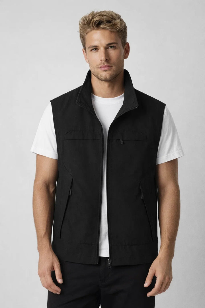 Heren Mouwloze Bodywarmer Met Opstaande Kraag En Ritszakken in Zwart
