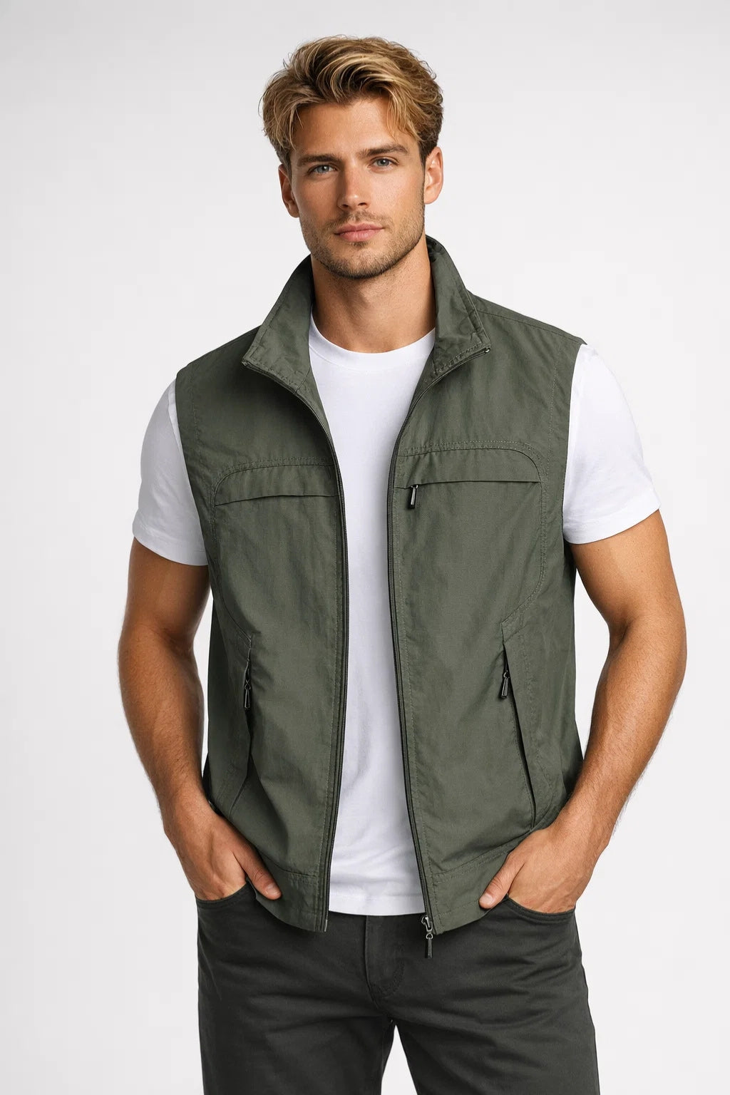 Heren Mouwloze Bodywarmer Met Opstaande Kraag En Ritszakken in Groen