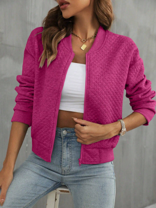 Dames Doorgestikt Bomberjack Met Ronde Hals En Ritssluiting in Fuchsia