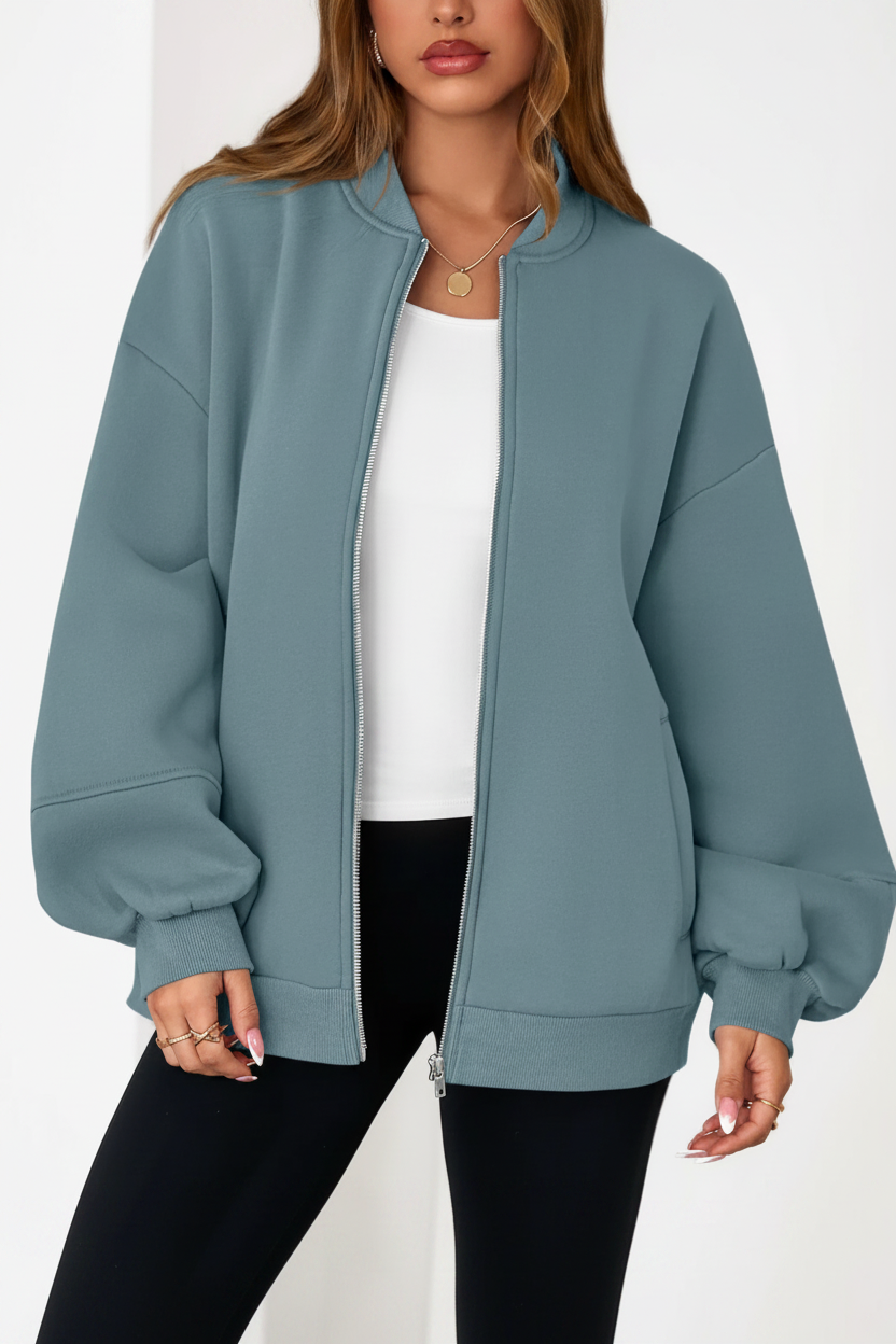 Dames Oversized Bomberjas Met Rits En Elastische Boorden in Groen