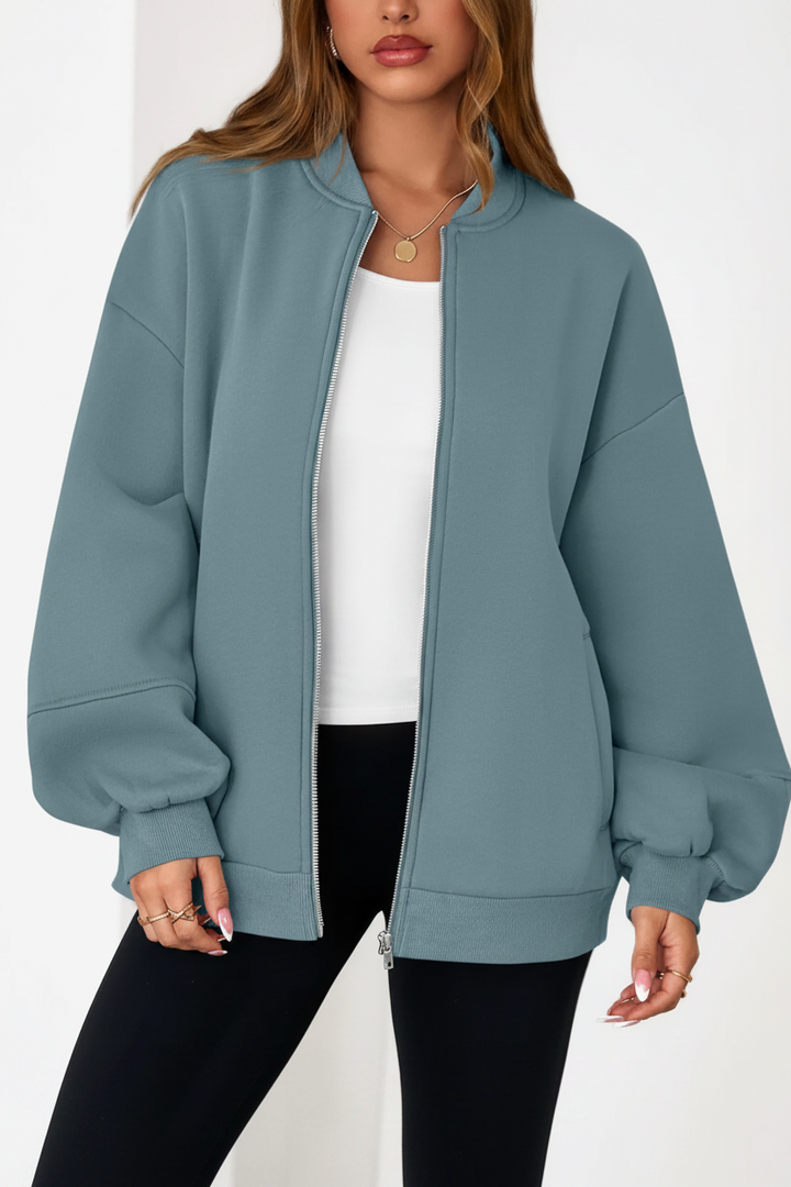 Dames Oversized Bomberjas Met Rits En Elastische Boorden in Groen