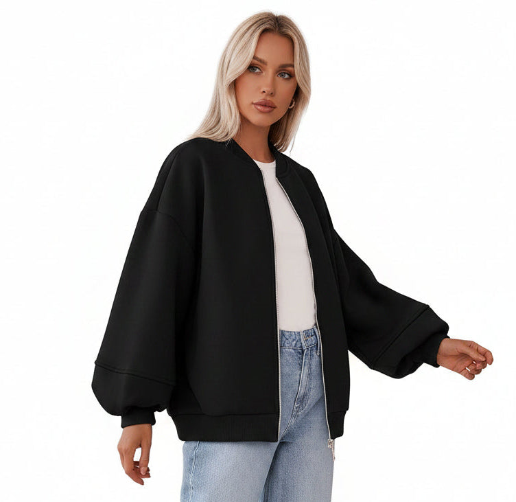 Dames Oversized Bomberjas Met Rits En Elastische Boorden in Zwart