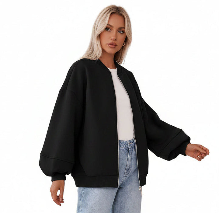 Dames Oversized Bomberjas Met Rits En Elastische Boorden in Zwart