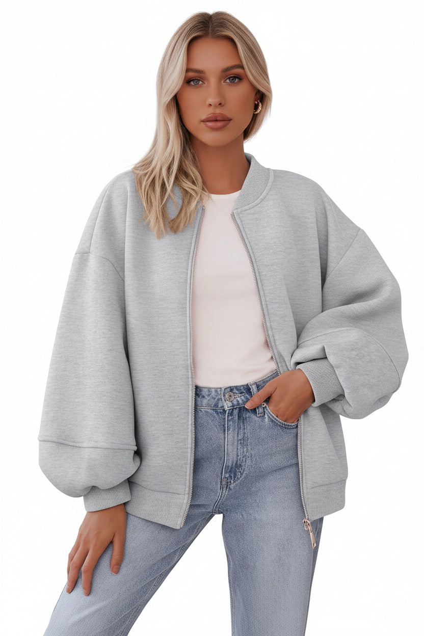Dames Oversized Bomberjas Met Rits En Elastische Boorden in Grijs