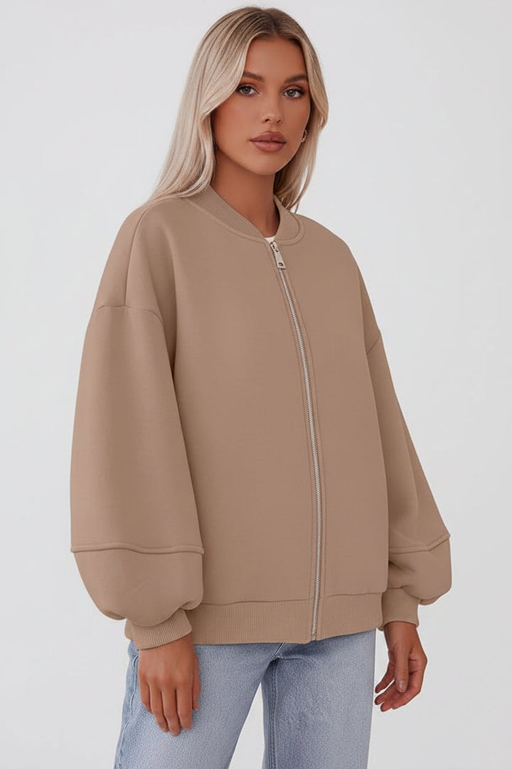 Dames Oversized Bomberjas Met Rits En Elastische Boorden in Khaki