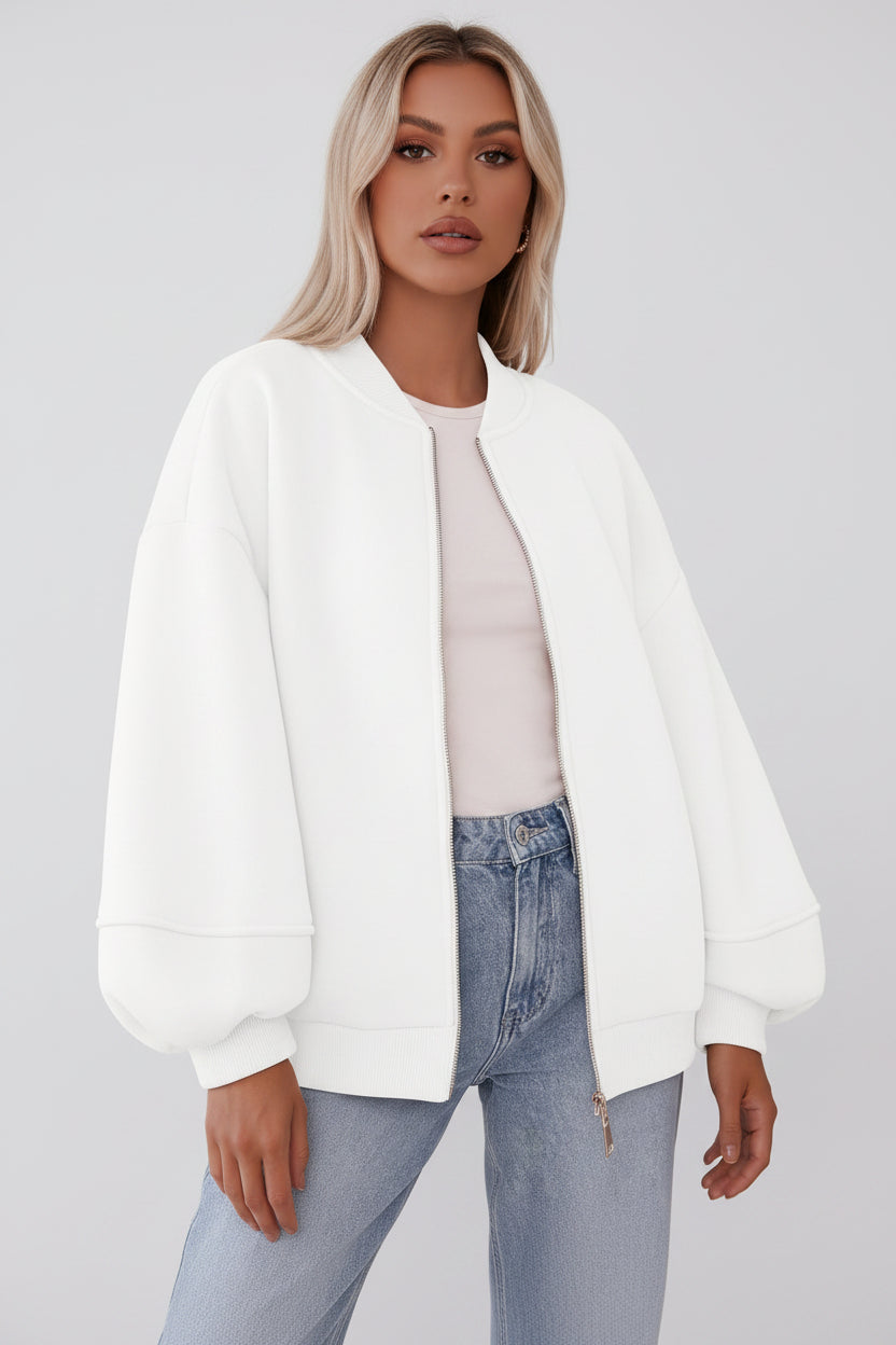 Dames Oversized Bomberjas Met Rits En Elastische Boorden in Wit