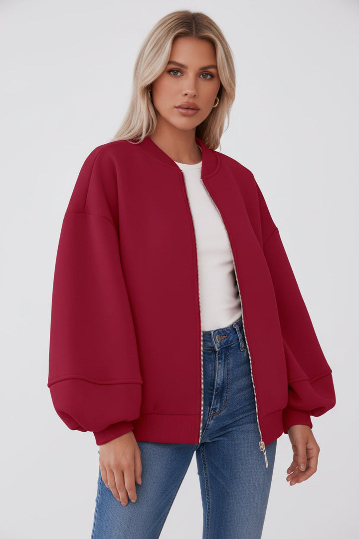 Dames Oversized Bomberjas Met Rits En Elastische Boorden in Rood