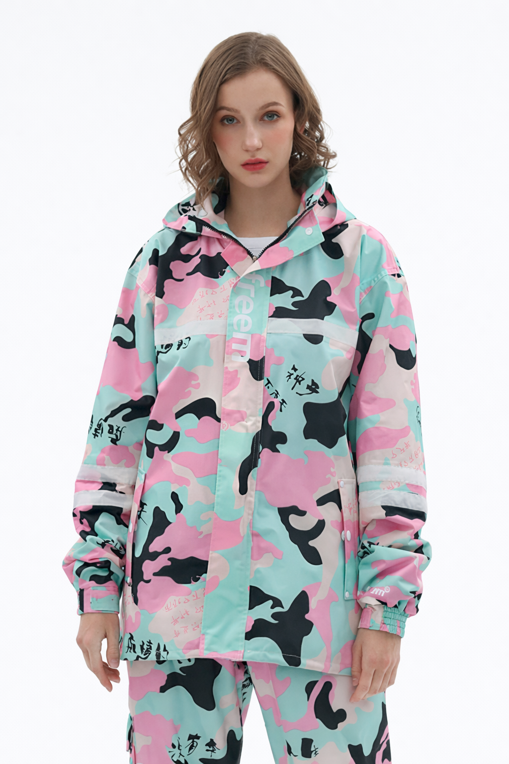 Dames regenpak camouflage roze en mint met capuchon