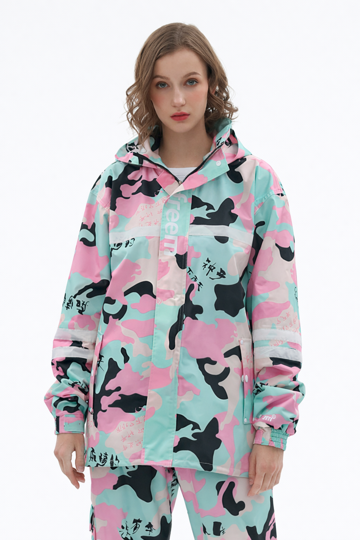 Dames regenpak camouflage roze en mint met capuchon