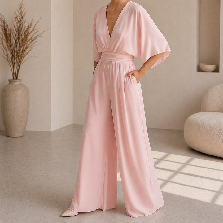 Dames Jumpsuit Met Diepe V Hals En Wijde Pijpen in Roze