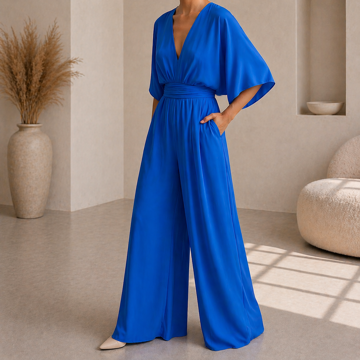 Dames Jumpsuit Met Diepe V Hals En Wijde Pijpen in Blauw