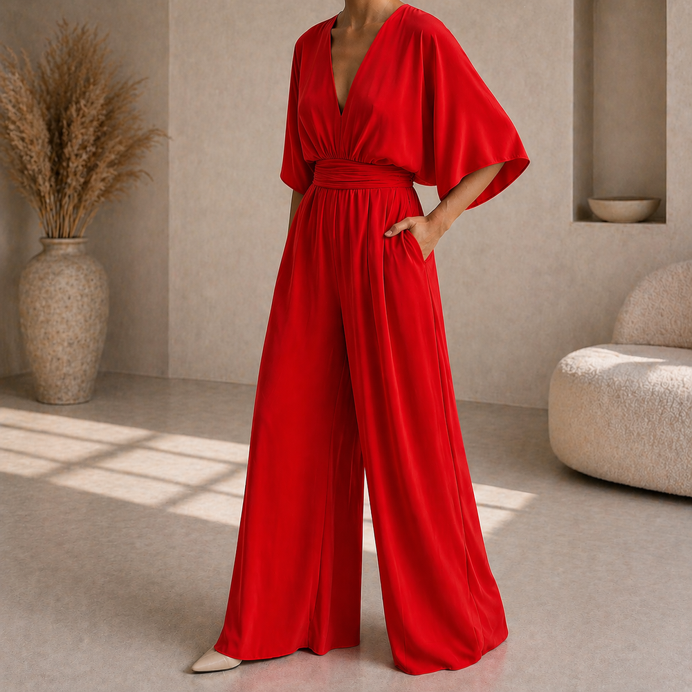 Dames Jumpsuit Met Diepe V Hals En Wijde Pijpen in Rood