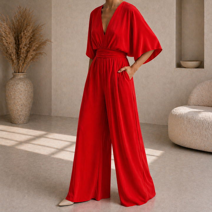Dames Jumpsuit Met Diepe V Hals En Wijde Pijpen in Rood