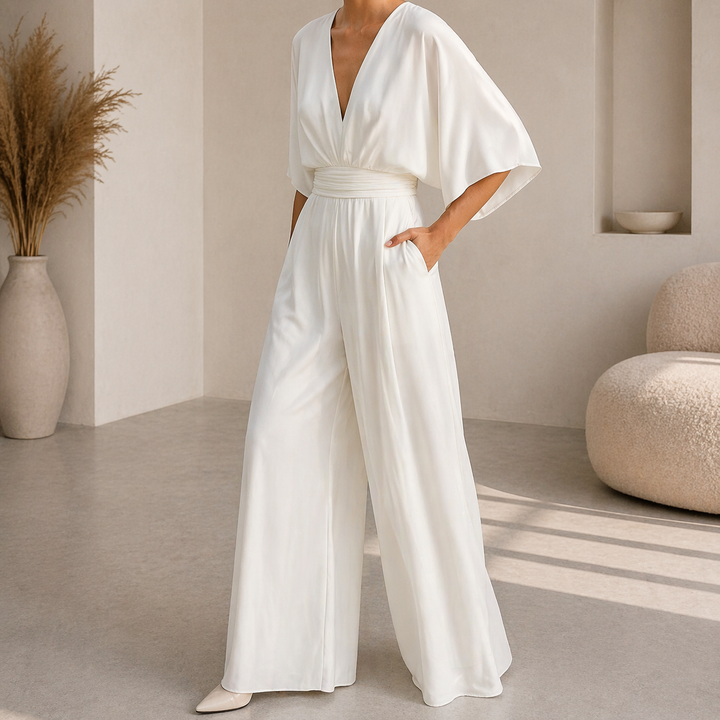 Dames Jumpsuit Met Diepe V Hals En Wijde Pijpen in Wit