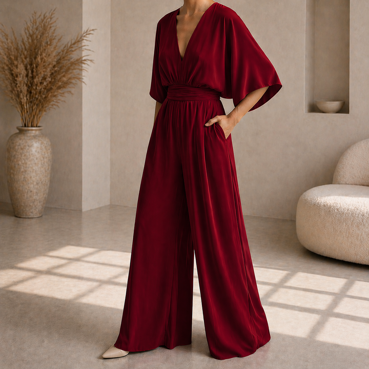 Dames Jumpsuit Met Diepe V Hals En Wijde Pijpen in Bordeauxrood