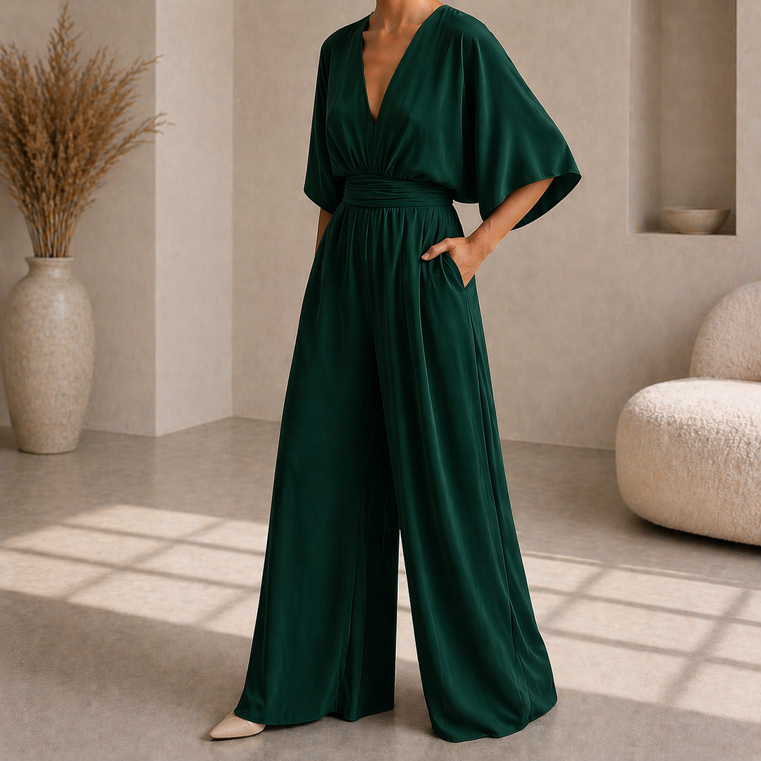 Dames Jumpsuit Met Diepe V Hals En Wijde Pijpen in Groen