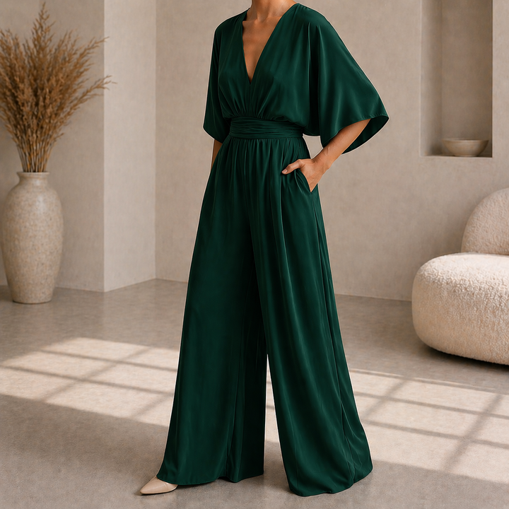 Dames Jumpsuit Met Diepe V Hals En Wijde Pijpen in Groen