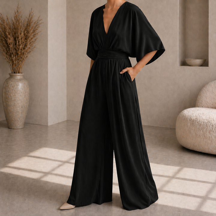 Dames Jumpsuit Met Diepe V Hals En Wijde Pijpen in Zwart