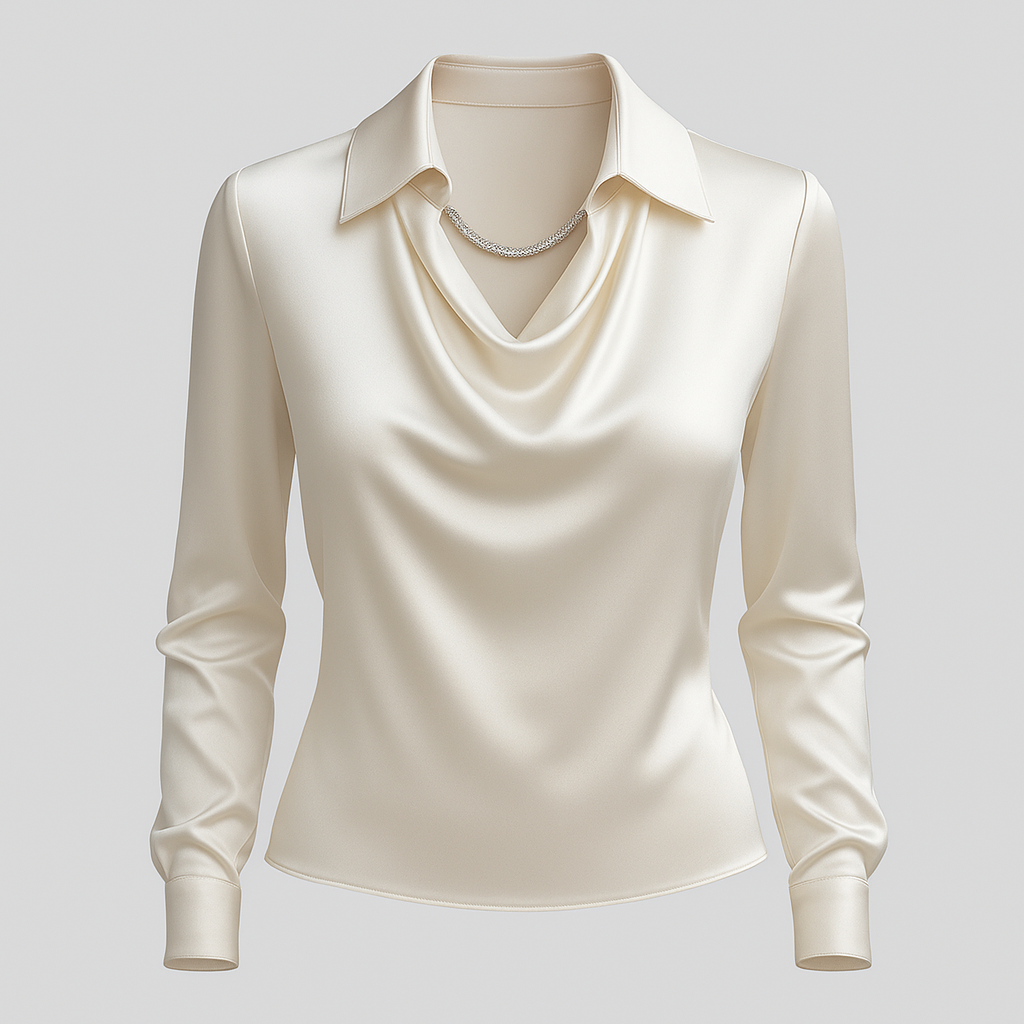 Dames satijnen blouse met watervalhals