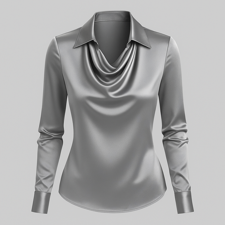 Dames satijnen blouse met watervalhals 3