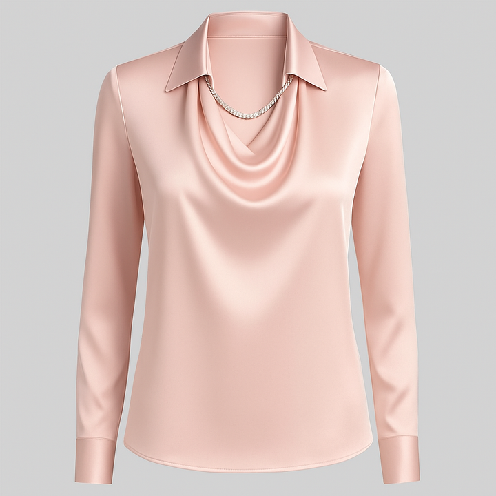 Dames satijnen blouse met watervalhals 5