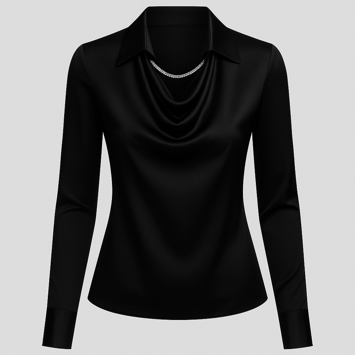 Dames satijnen blouse met watervalhals 7