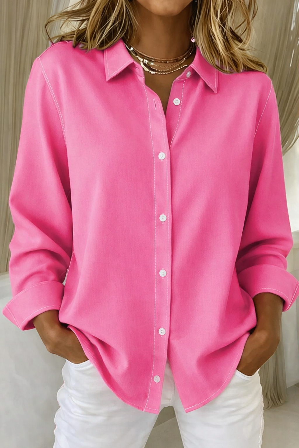 Dames Oversized Blouse Met Knoopsluiting En Klassieke Kraag in Fuchsia