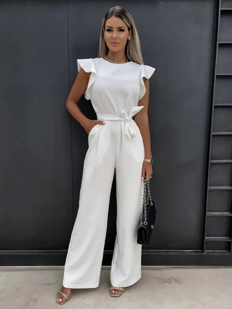 Dames Mouwloze Jumpsuit Met Tailleband En Wijde Pijpen detailfoto 2