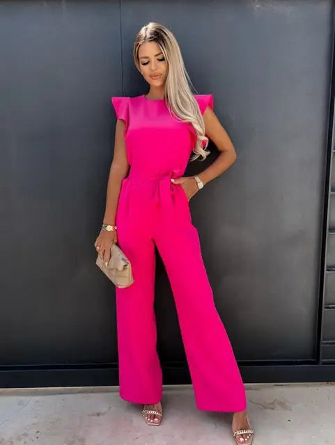 Dames Mouwloze Jumpsuit Met Tailleband En Wijde Pijpen in Roze