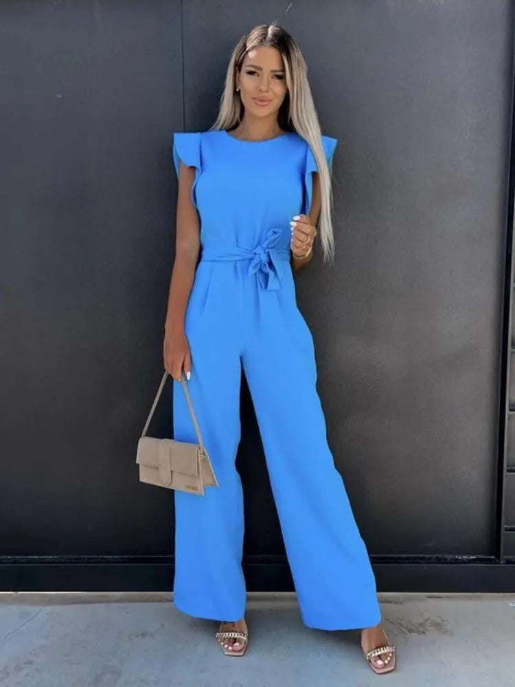 Dames Mouwloze Jumpsuit Met Tailleband En Wijde Pijpen detailfoto 4