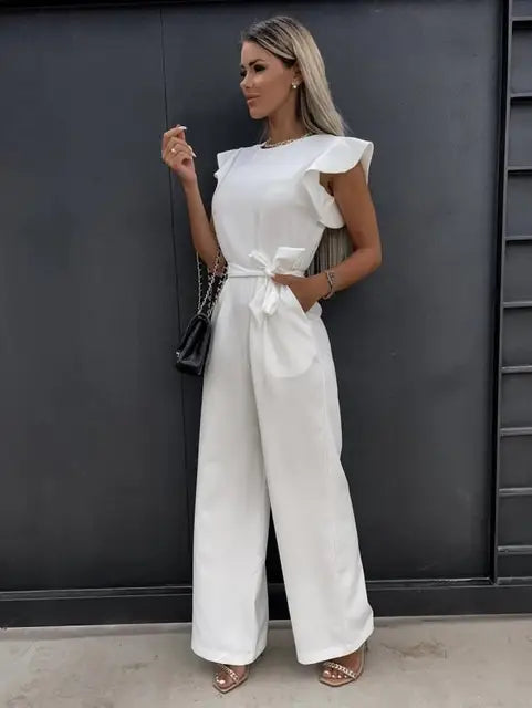 Dames Mouwloze Jumpsuit Met Tailleband En Wijde Pijpen in Wit