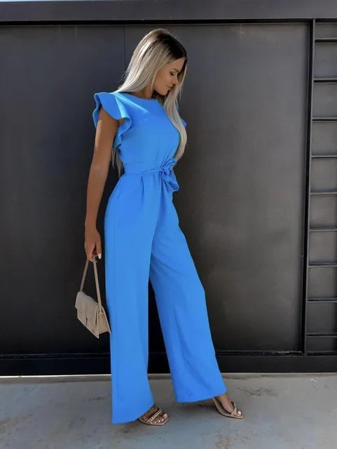 Dames Mouwloze Jumpsuit Met Tailleband En Wijde Pijpen in Blauw